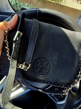 Tory Burch Black Pebbled Leather Crossbody with Gold Chain Accents